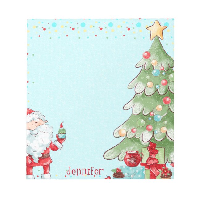 Weihnachtsmann & Baum Whimsical w Name Geschenk Notizblock (Vorderseite)