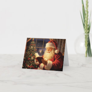 Weihnachtsmann beim Lesen am Weihnachtsbaum Feiertagskarte