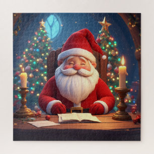 Weihnachtsmann beim Lesen eines Buches bei Kerzenl Puzzle