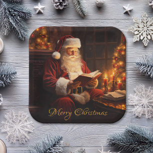 Weihnachtsmann beim Lesen eines Buches im Vintage- Pappteller