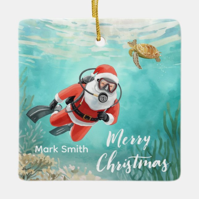 Weihnachtsmann beim Tauchen mit Schildkröte Keramikornament (Vorderseite)