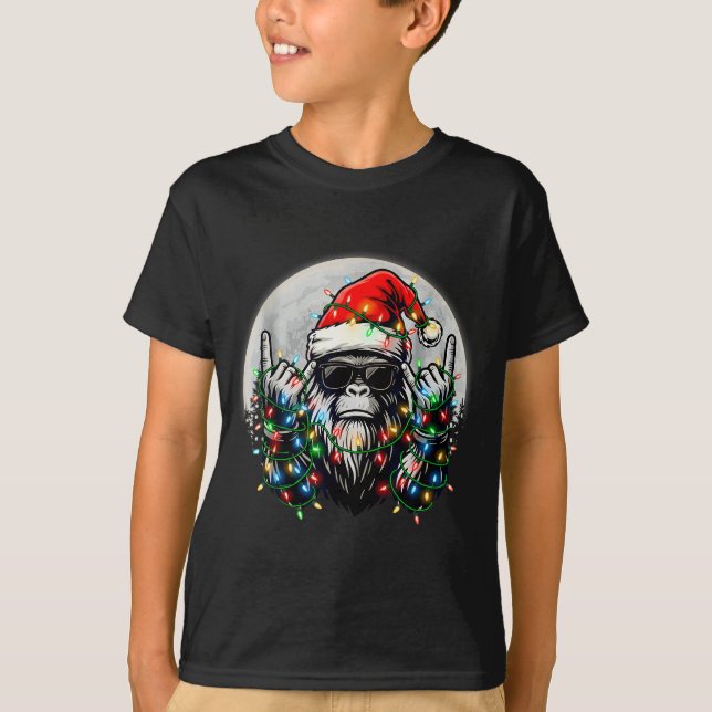 Weihnachtsmann Bigfoot Weihnachtsbaum Xmas Lichter T-Shirt (Vorderseite)