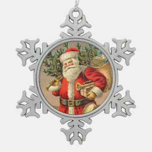 Weihnachtsmann bringt Geschenke und Weihnachtsbaum Schneeflocken Zinn-Ornament