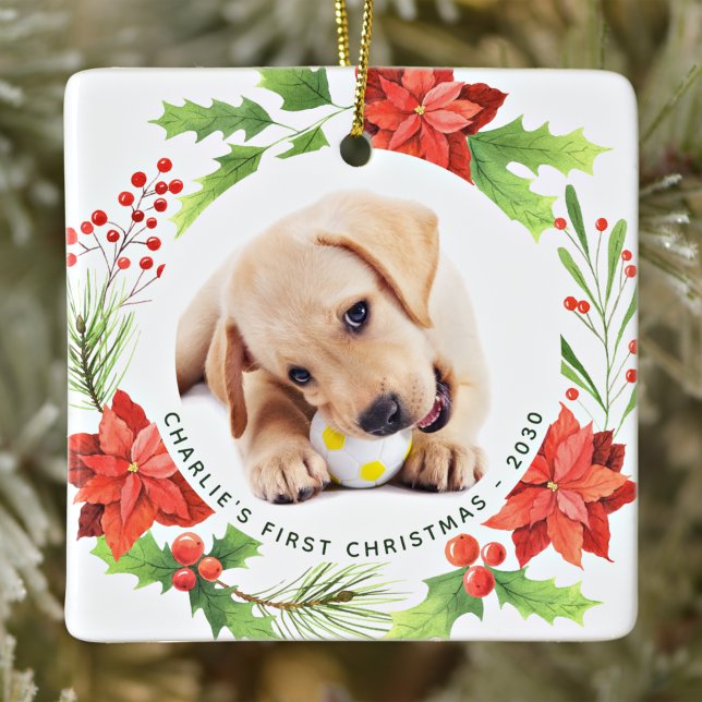 Weihnachtsmann Custom 2 Hund Foto Poinsettia Wreat Keramikornament (Von Creator hochgeladen)