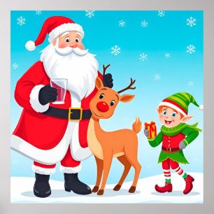 Weihnachtsmann, Elf und Rentier in einer festliche Poster
