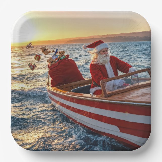 Weihnachtsmann fährt ein Speedboot Pappteller (Vorderseite)