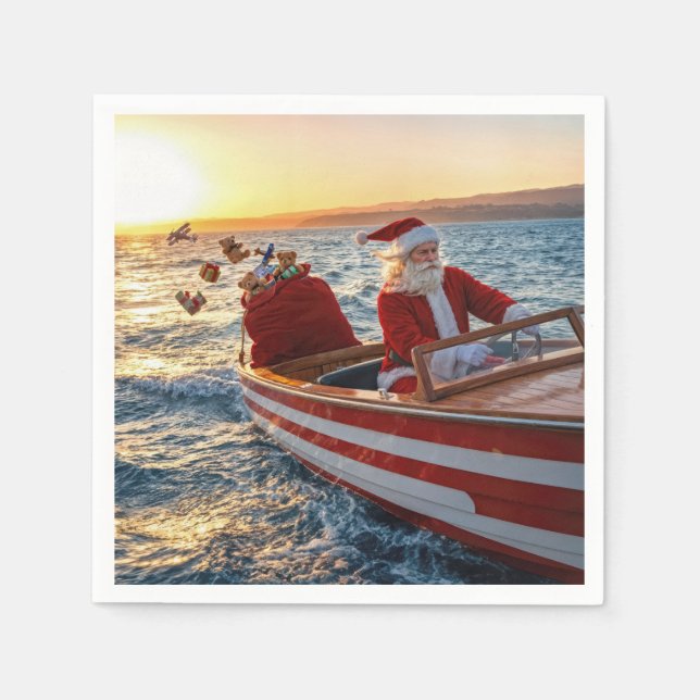 Weihnachtsmann fährt ein Speedboot Serviette (Vorderseite)
