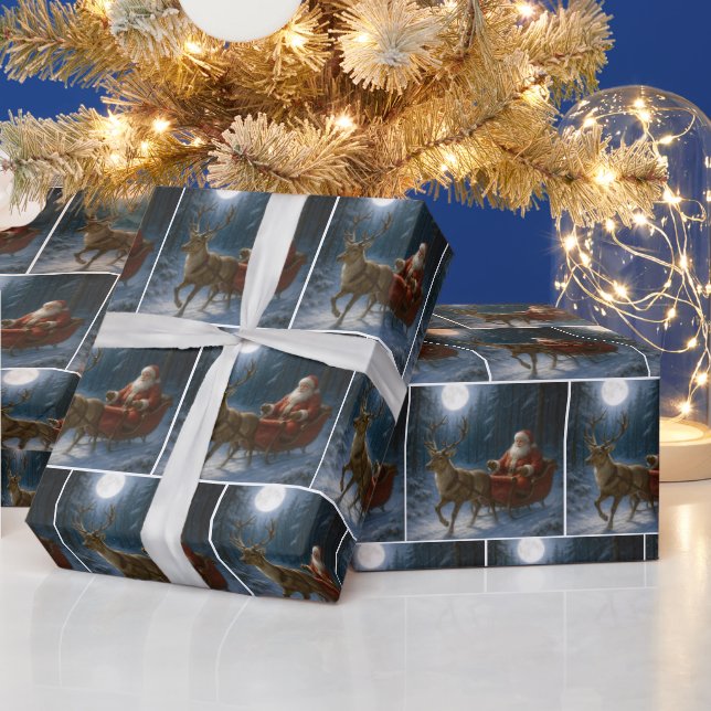 Weihnachtsmann fährt einen Schlitten im Mondlicht Geschenkpapier (Feiertage)