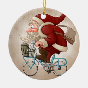 Weihnachtsmann fährt Fahrrad Keramikornament
