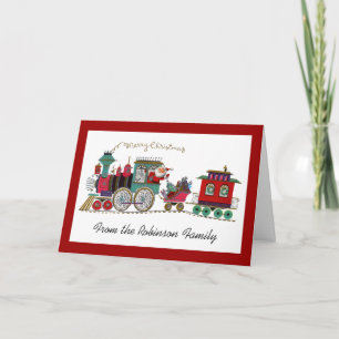 Weihnachtsmann fährt mit dem Weihnachtszug Persona Feiertagskarte