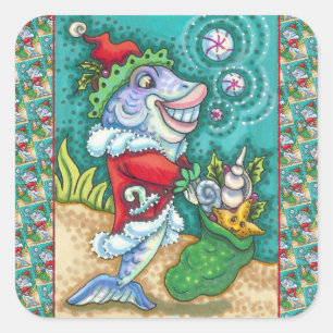 WEIHNACHTSMANN FISCH GESCHICHTEN, SEESTERNE, Tüte Quadratischer Aufkleber