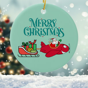 Weihnachtsmann fliegt Flugzeug, Schlitten & Gesche Keramik Ornament