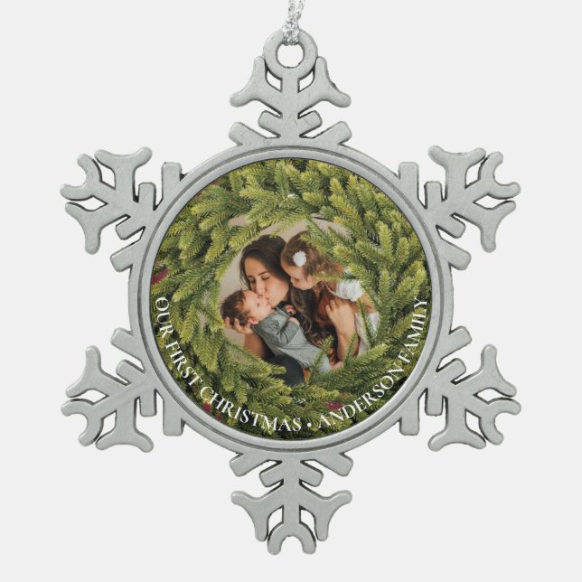 Weihnachtsmann-Foto Schneeflocken Zinn-Ornament (Vorderseite)