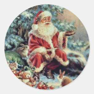Weihnachtsmann füttert Vögel und Kaninchen Runder Aufkleber