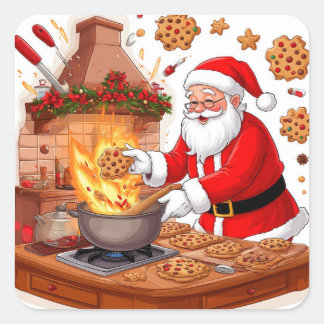 Weihnachtsmann genießt Weihnachtsessen am Kamin Quadratischer Aufkleber