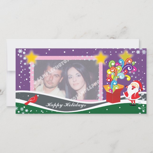 Weihnachtsmann, Geschenkboxen und Kardinal Fotokar Feiertagskarte (Vorderseite)