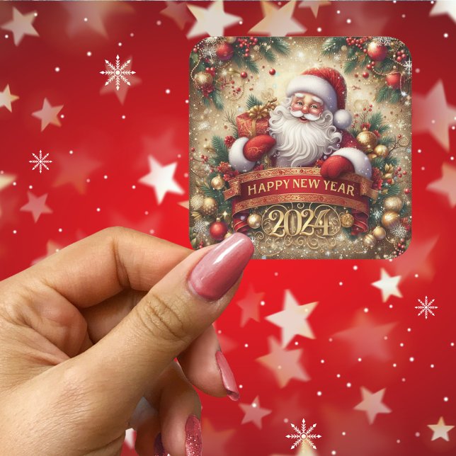 Weihnachtsmann glücklich über das neue Jahr Quadratischer Aufkleber (Santa Claus Happy New Year Square Sticker)