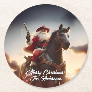 Weihnachtsmann Gunslinger auf einem Pferd Weihnach Runder Pappuntersetzer