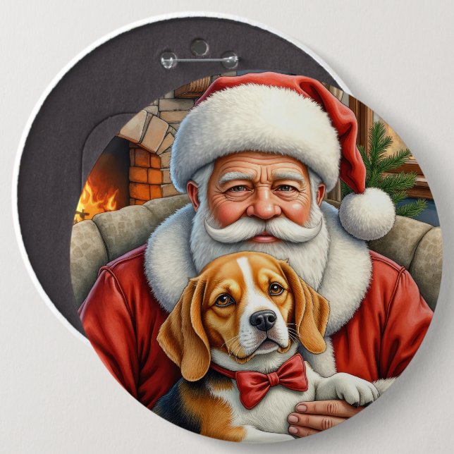 Weihnachtsmann hält Beagle-Weihnachtskunst Button (Vorne & Hinten)