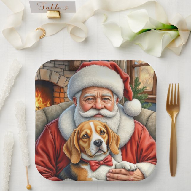 Weihnachtsmann hält Beagle-Weihnachtskunst Pappteller (Hochzeit)