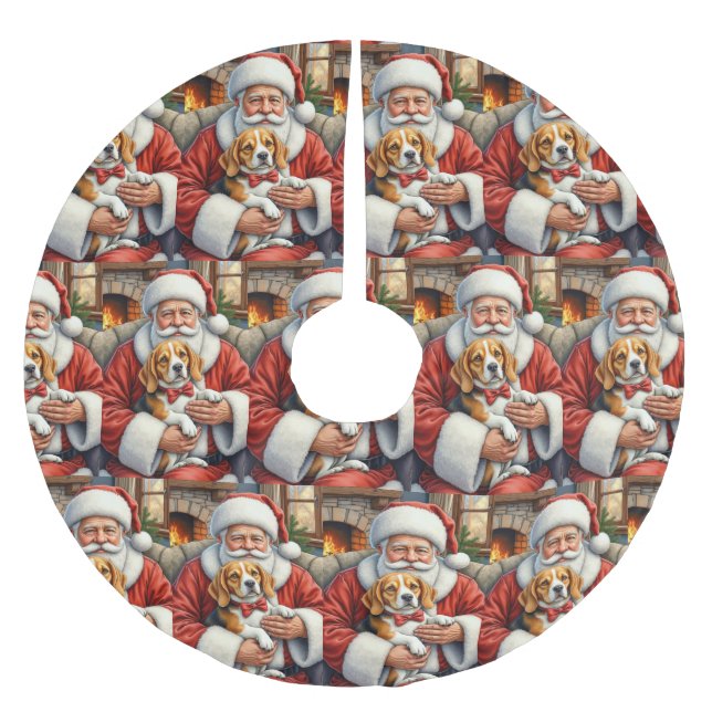 Weihnachtsmann hält Beagle-Weihnachtskunst Polyester Weihnachtsbaumdecke (Vorderseite)