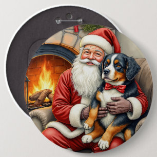 Weihnachtsmann hält Berner Sennenhund Weihnachten Button