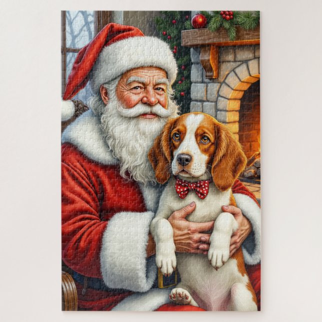 Weihnachtsmann hält Brittany Spaniel Weihnachtskun Puzzle (Vertikal)