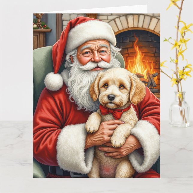 Weihnachtsmann hält Cockapoo Weihnachtskunst Karte (Gelbe Blume)