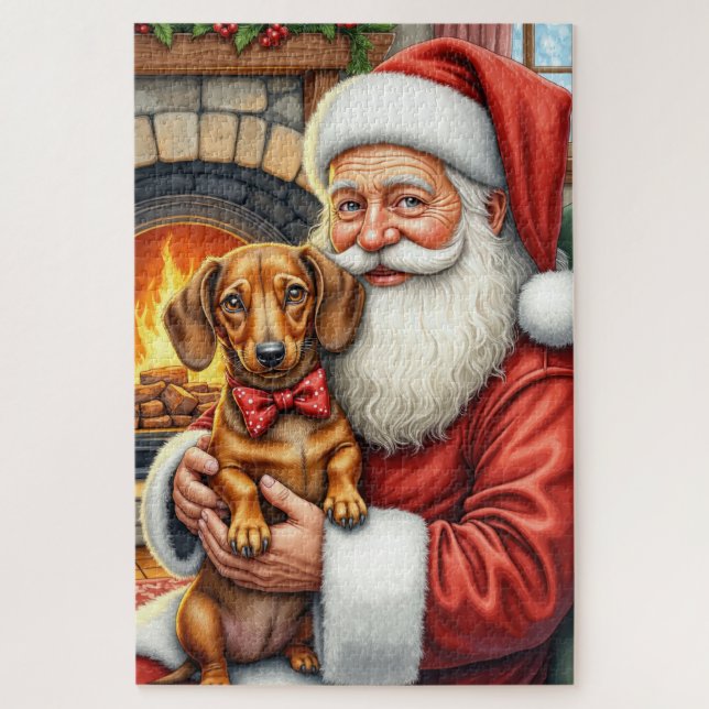 Weihnachtsmann hält Dackel-Weihnachtskunst Puzzle (Vertikal)