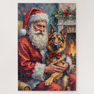 Weihnachtsmann hält deutsche Schäferhund-Weihnacht Puzzle