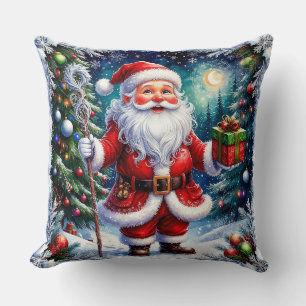 Weihnachtsmann hält ein Geschenk in einer magische Kissen