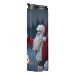 Weihnachtsmann hält leuchtenden Schneeflocke Thermosbecher