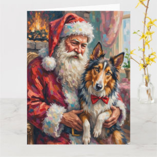 Weihnachtsmann hält Rough Collie Weihnachtskunst Karte