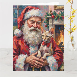 Weihnachtsmann hält Sphynx-Katze Weihnachtskunst Karte