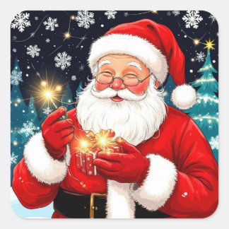 Weihnachtsmann hält Weihnachtsgeschenk in einer sc Quadratischer Aufkleber
