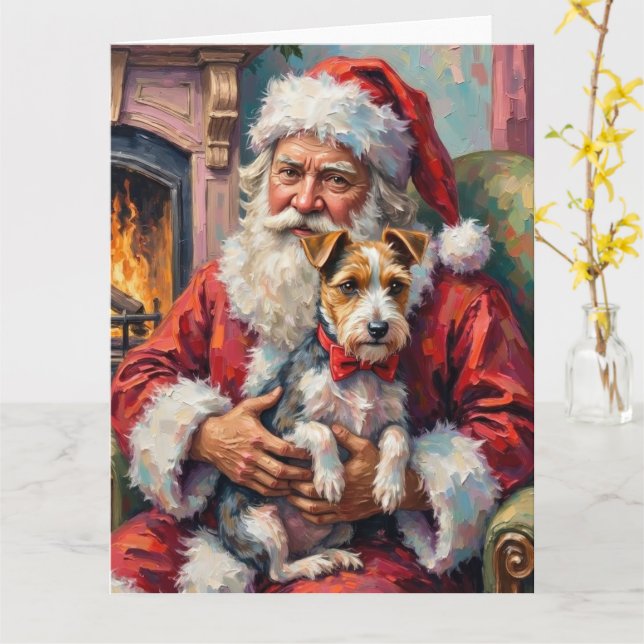Weihnachtsmann hält Wirefox Terrier Weihnachtskuns Karte (Gelbe Blume)