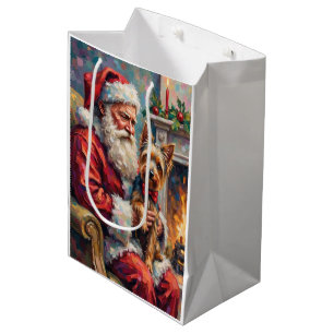 Weihnachtsmann hält Yorkshire Terrier Weihnachten Mittlere Geschenktüte