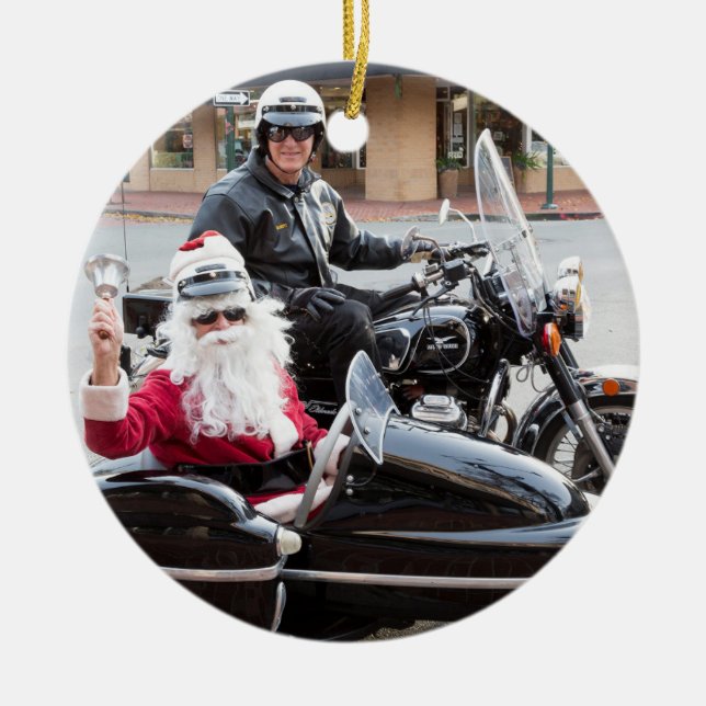 Weihnachtsmann im Motorradbeiwagen Keramik Ornament (Vorne)