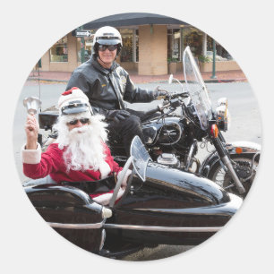 Weihnachtsmann im Motorradbeiwagen Runder Aufkleber