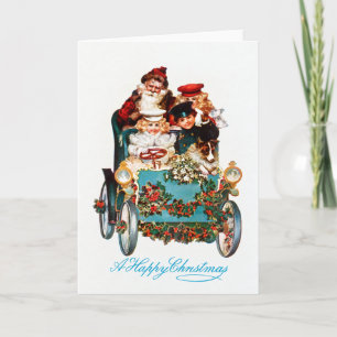 Weihnachtsmann im Oldtimer mit Kindern und Stechpa Feiertagskarte