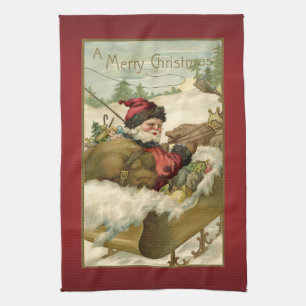 Weihnachtsmann im Schlitten Weihnachten Vintage Küchentuch