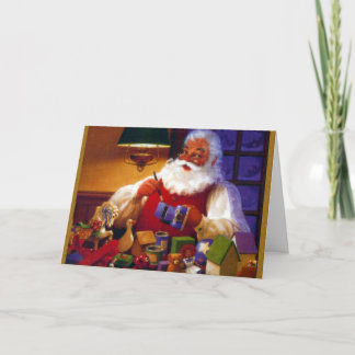 Weihnachtsmann im Spielzeug-Geschäft Feiertagskarte