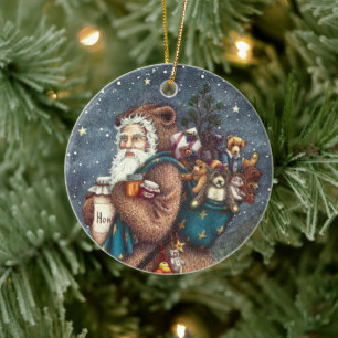 WEIHNACHTSMANN IM TIERPLÜSCHANZUG, WEIHNACHTS-TIER KERAMIK ORNAMENT