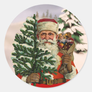 Weihnachtsmann im Vintage-Stil auf winterlichem Hi Runder Aufkleber