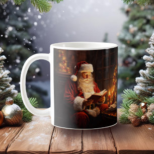 Weihnachtsmann im Vintage-Stil liest ein Buch Kaffeetasse