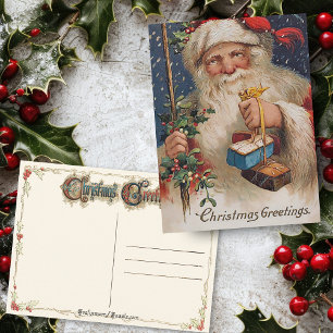 Weihnachtsmann im Vintage-Stil mit Geschenken Feiertagspostkarte