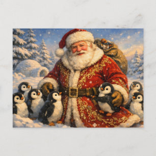 Weihnachtsmann im Vintage-Stil mit Pinguinen Feiertagspostkarte