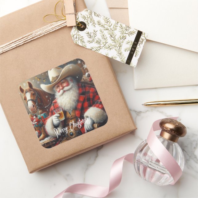 Weihnachtsmann in Cowboy hat Weihnachten Quadratischer Aufkleber (Schenken)