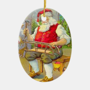 Weihnachtsmann in der Werkstatt im Vintage-Stil Keramikornament