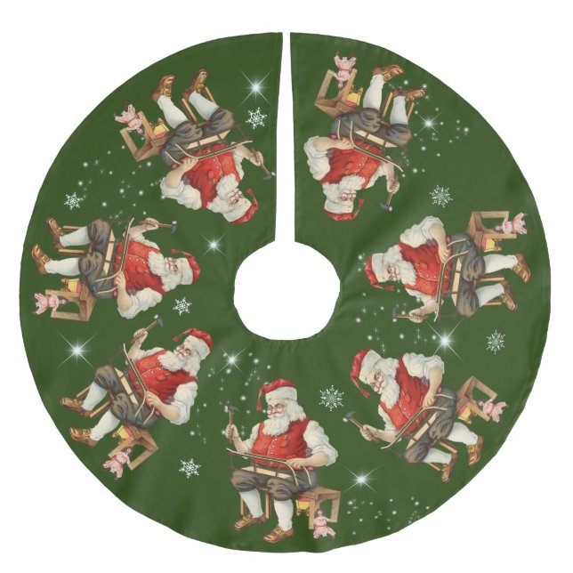 Weihnachtsmann in der Werkstatt Schlitten Schneefl Polyester Weihnachtsbaumdecke (Vorderseite)